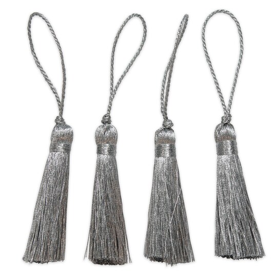 2in Fiber Mini Key Tassel Pack of 4., Color: Metallic Silver 2in Fiber Mini Key Tassel Pack of 4., Color: Metallic Silver